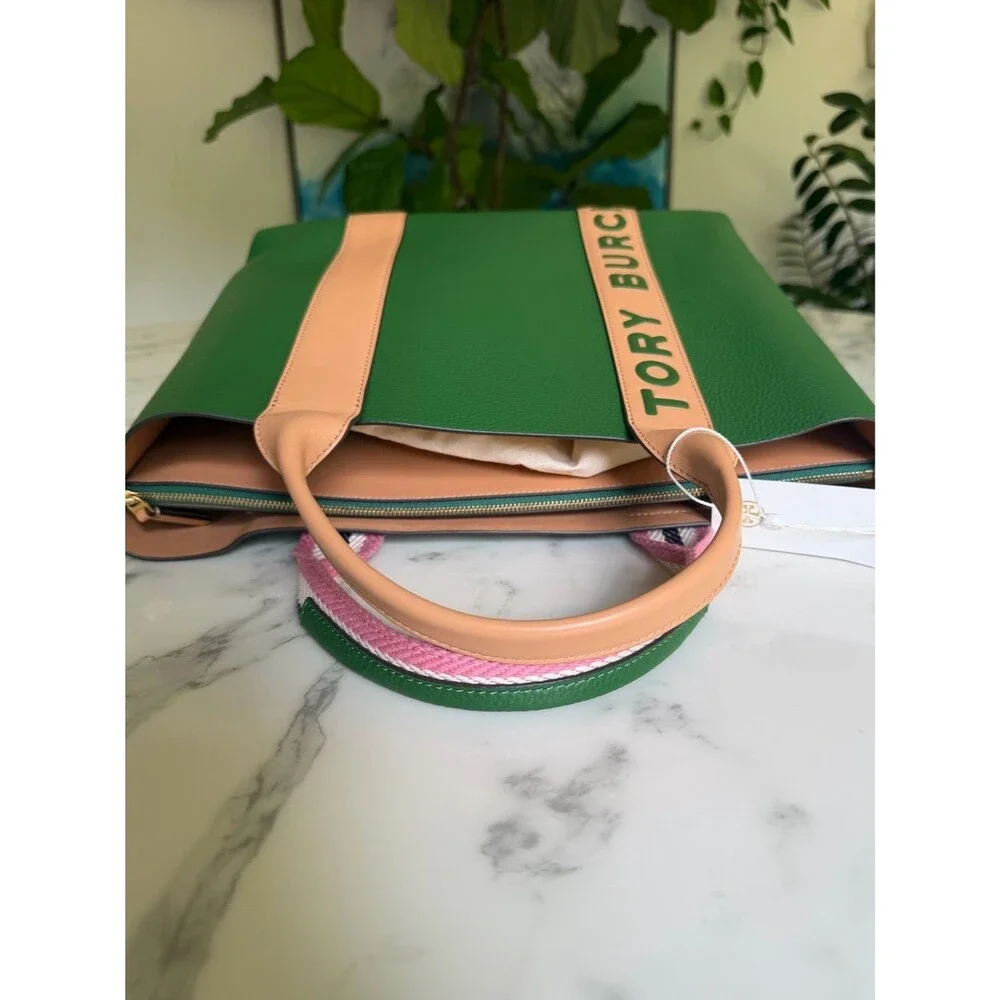 NWT Tory Burch Perry Multi Stripe Leather Triple Compartment Tote Arugula Green